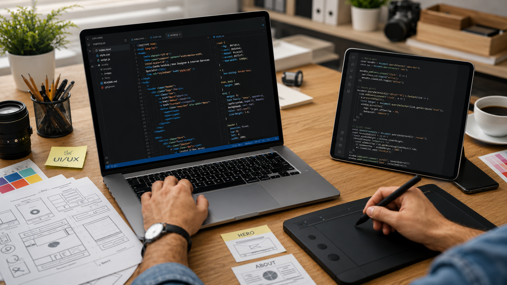 Mesa de trabajo de diseño web con laptop, código, bocetos y tableta gráfica